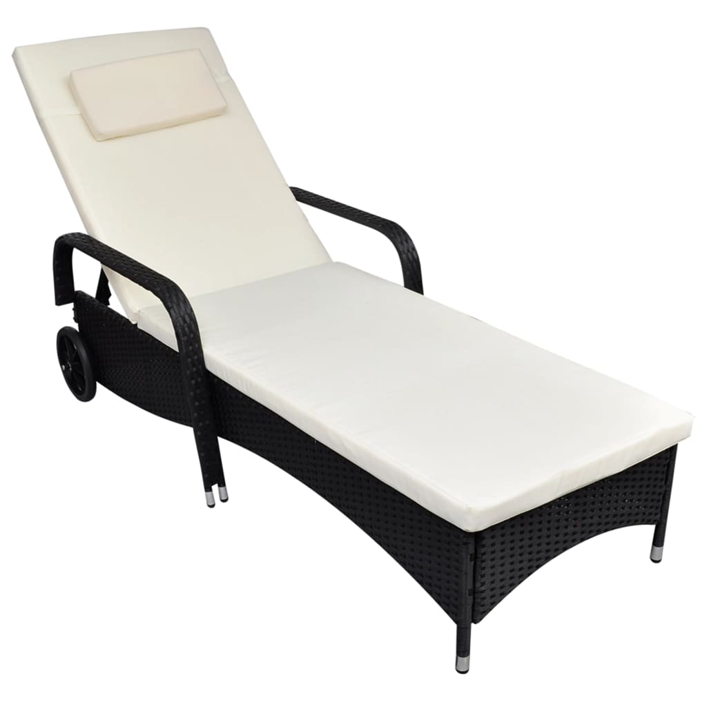 Lettino Prendisole Con Ruote In Polyrattan Nero