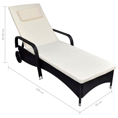 Lettino Prendisole Con Ruote In Polyrattan Nero