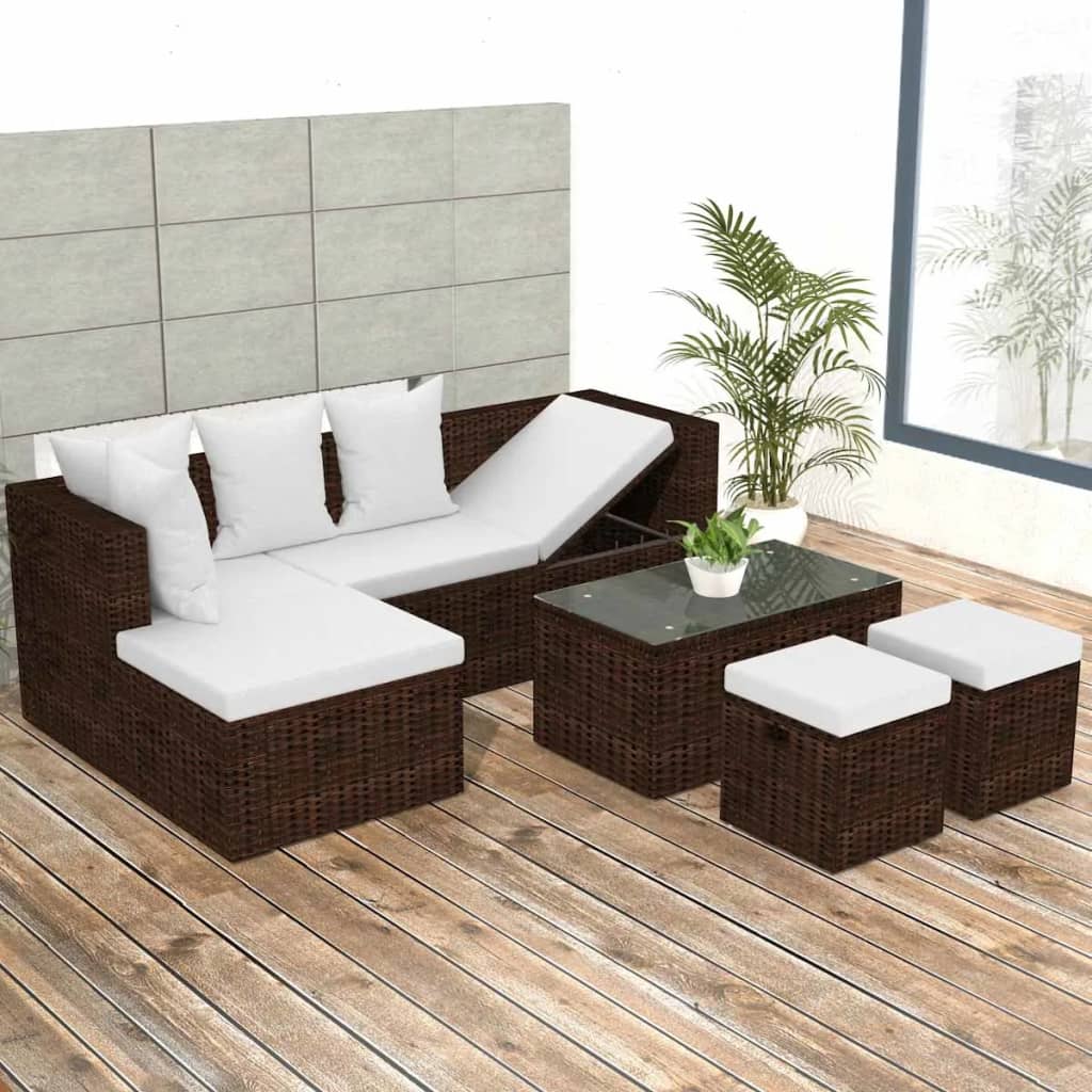 Set Divani Da Giardino 4 Pz Con Cuscini In Polyrattan Marrone