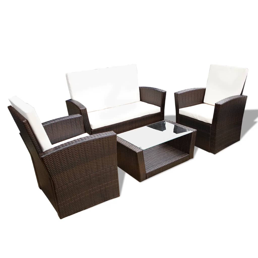 Set Divani Da Giardino 4 Pz Con Cuscini In Polyrattan Marrone