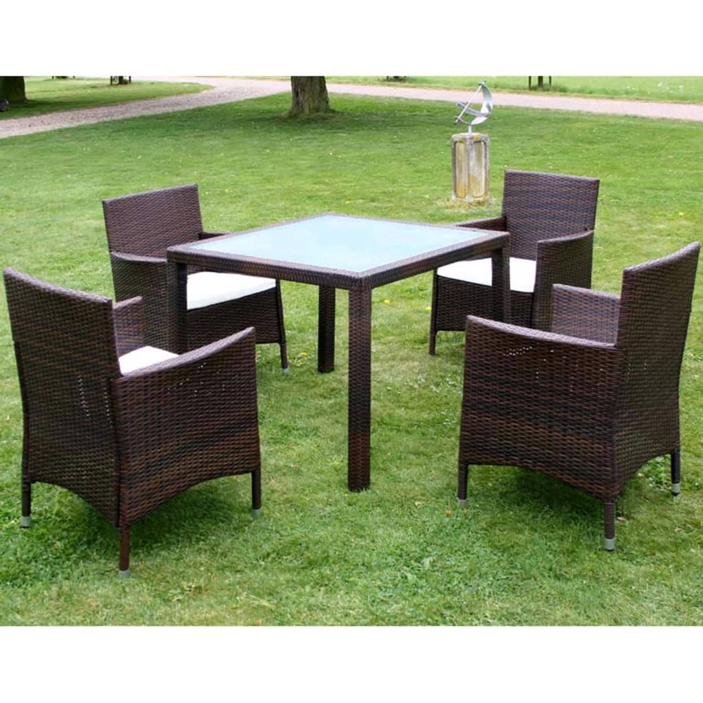 Set Da Pranzo Da Giardino 5 Pz Con Cuscini Polyrattan Marrone