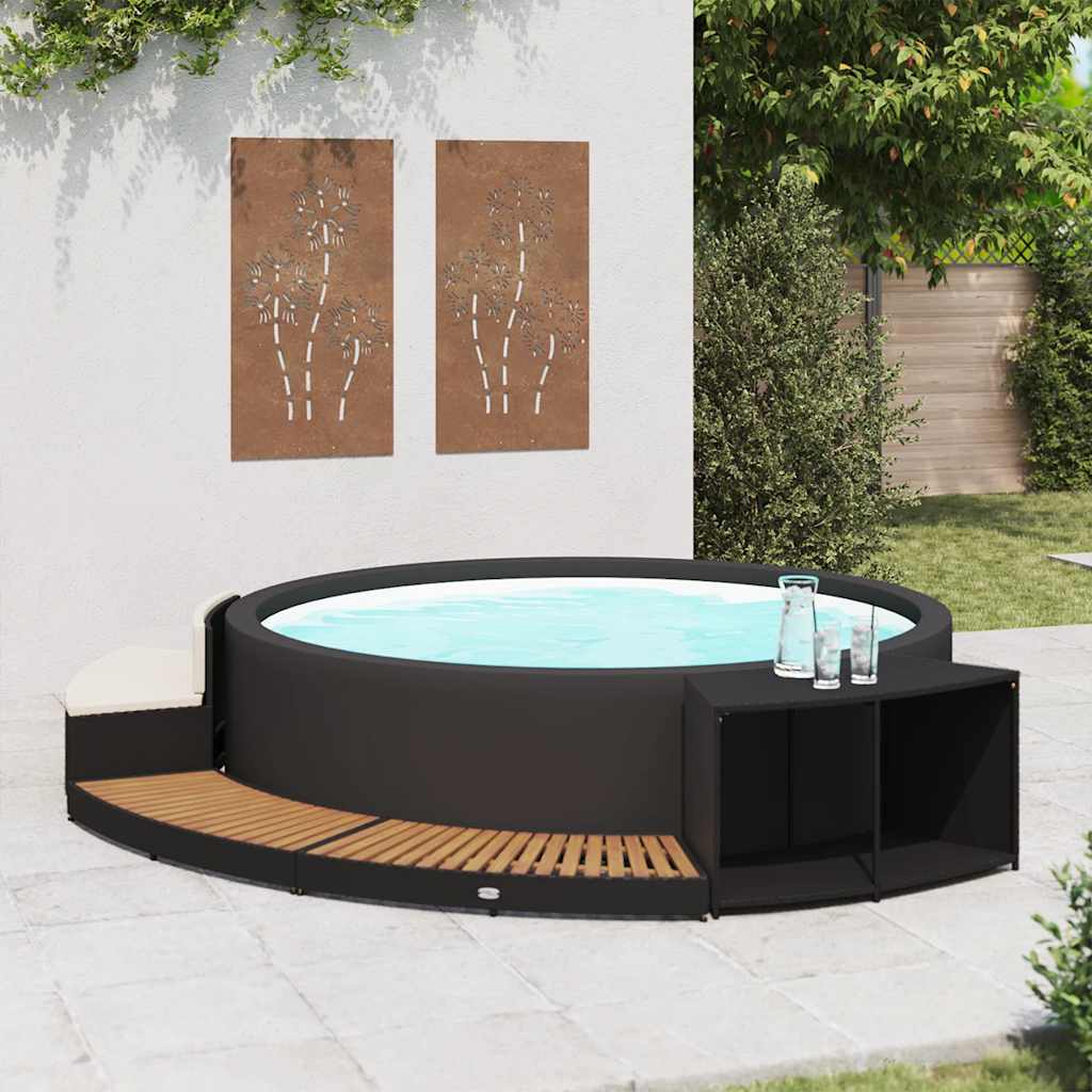 Bordo Spa Nero In Polyrattan E Legno D'acacia