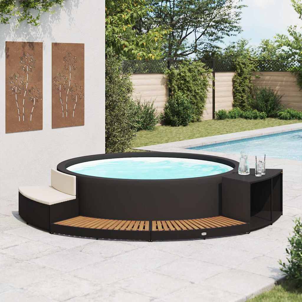 Bordo Spa Nero In Polyrattan E Legno D'acacia