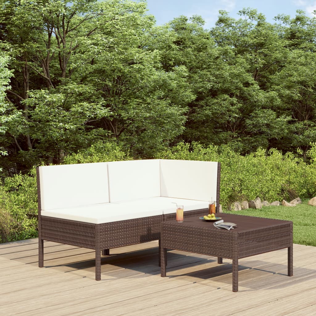 Set Divani Da Giardino 3 Pz Con Cuscini In Polyrattan Marrone