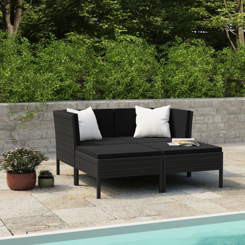 Set Divani Da Giardino 4 Pz Con Cuscini In Polyrattan Nero