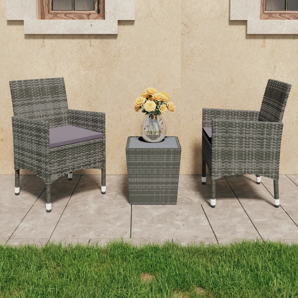 Set Bistrot Giardino 3 Pz Polyrattan E Vetro Temperato Grigio