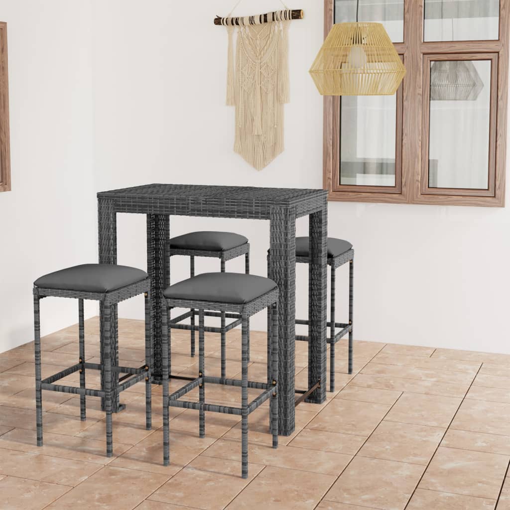 Set Da Bar Da Giardino 5 Pz Con Cuscini In Polyrattan Grigio