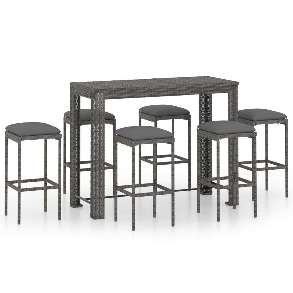 Set Da Bar Da Giardino 7 Pz Con Cuscini In Polyrattan Grigio