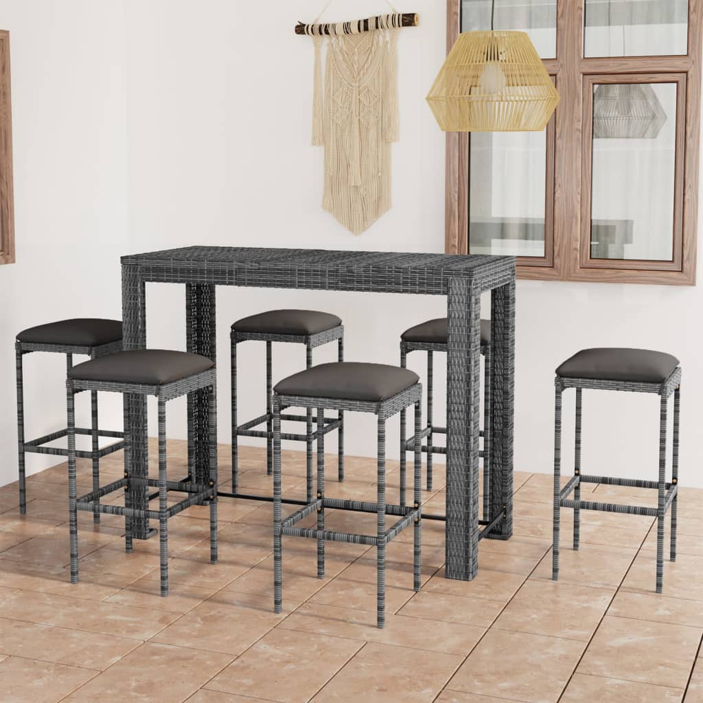 Set Da Bar Da Giardino 7 Pz Con Cuscini In Polyrattan Grigio