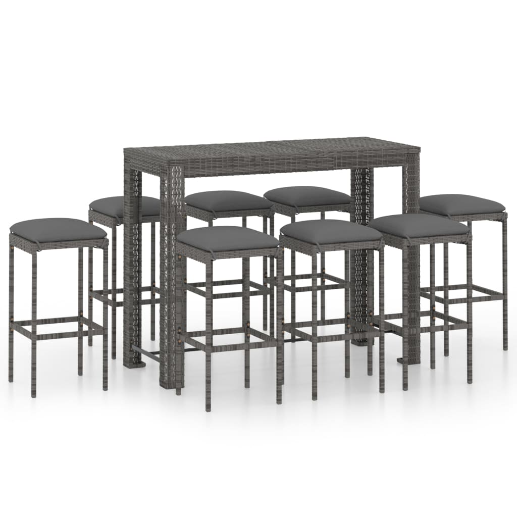 Set Da Bar Da Giardino 9 Pz Con Cuscini In Polyrattan Grigio