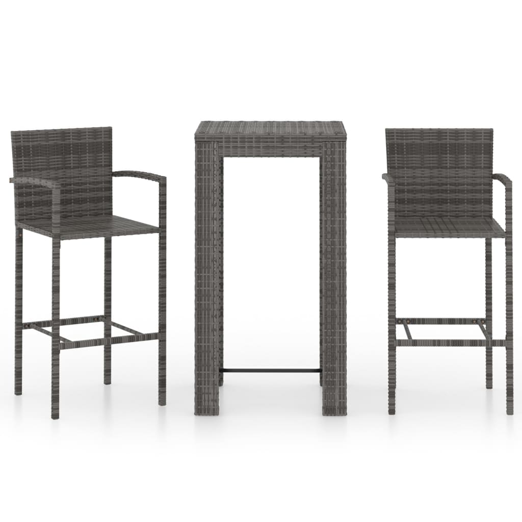 Set Bar Da Giardino 3 Pz Con Braccioli In Polyrattan Grigio