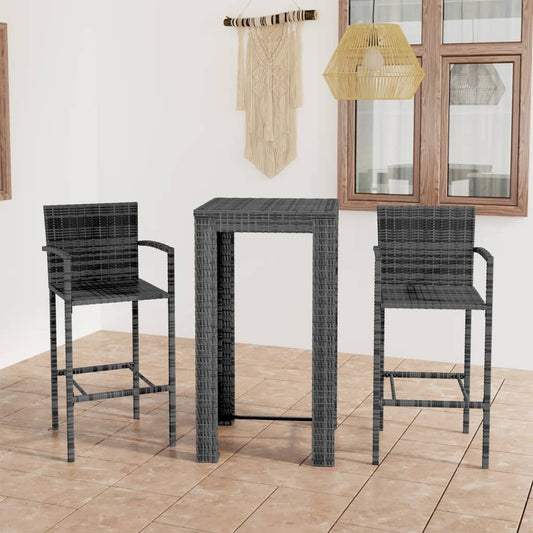 Set Bar Da Giardino 3 Pz Con Braccioli In Polyrattan Grigio