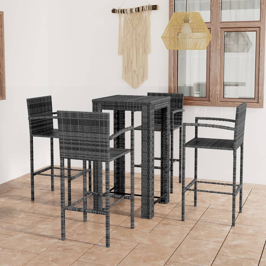 Set Bar Da Giardino 5 Pz Con Braccioli In Polyrattan Grigio