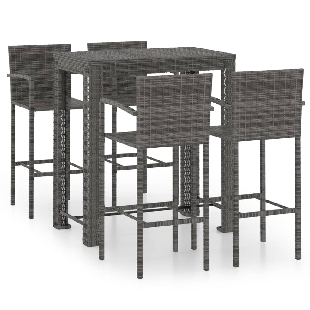 Set Bar Da Giardino 5 Pz Con Braccioli In Polyrattan Grigio