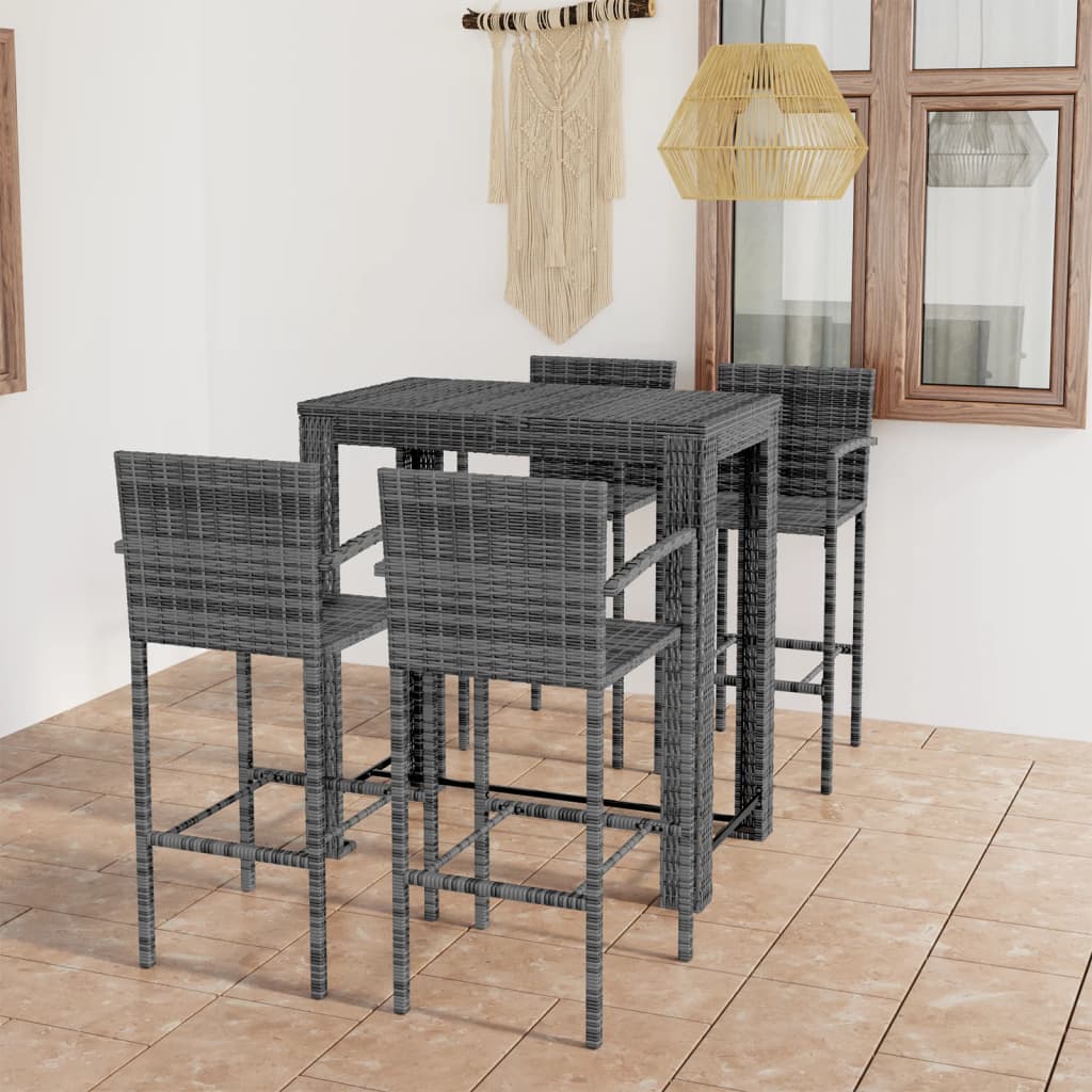 Set Bar Da Giardino 5 Pz Con Braccioli In Polyrattan Grigio