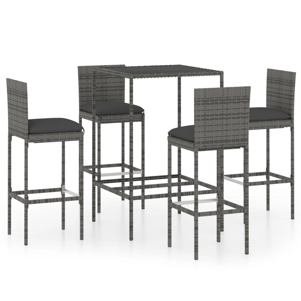 Set Da Bar Da Giardino 5 Pz Con Cuscini In Polyrattan Grigio