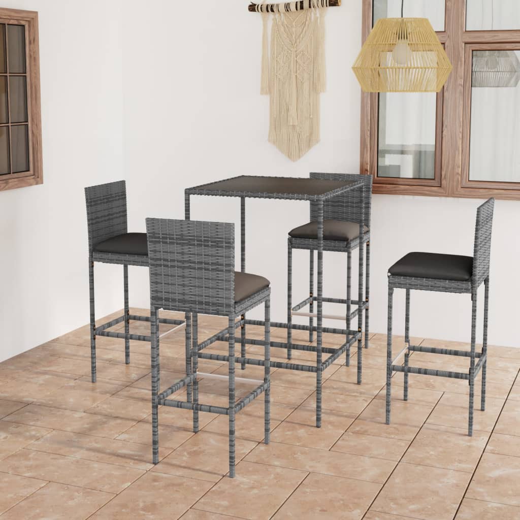 Set Da Bar Da Giardino 5 Pz Con Cuscini In Polyrattan Grigio