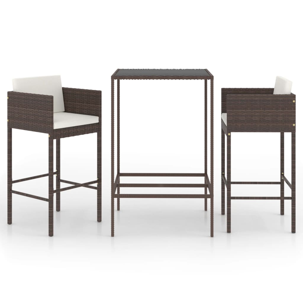 Set Bar Da Giardino 3 Pz Con Cuscini In Polyrattan Marrone