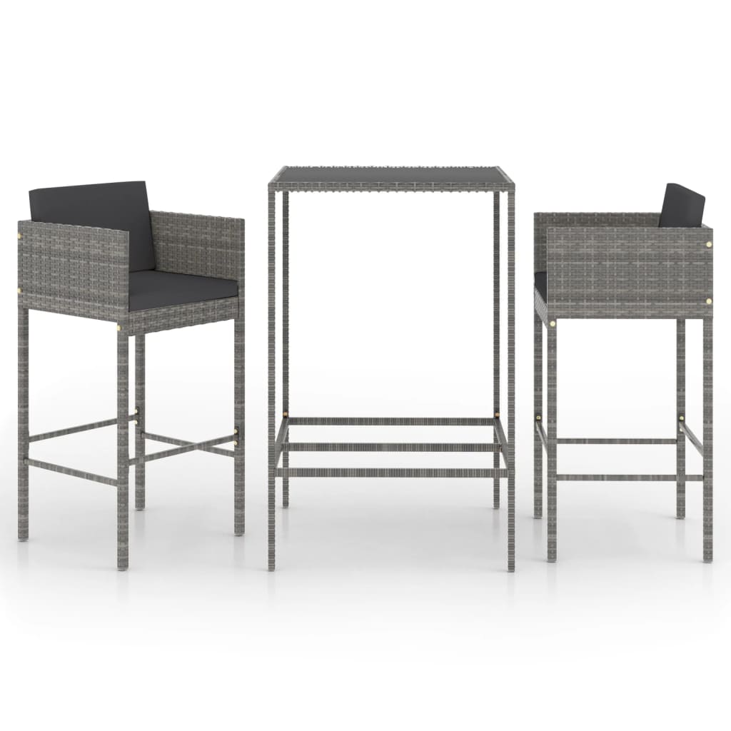 Set Bar Da Giardino 3 Pz Con Cuscini In Polyrattan Grigio