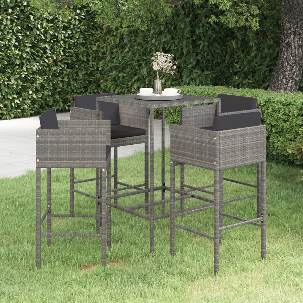 Set Da Bar Da Giardino 5 Pz Con Cuscini In Polyrattan Grigio