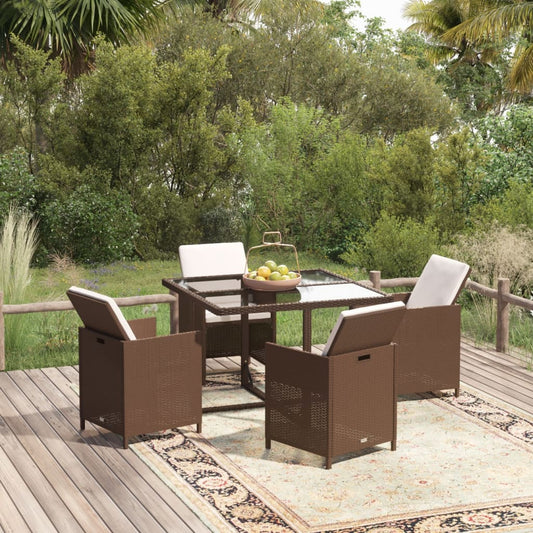 Set Da Pranzo Da Giardino 5pz Con Cuscini In Polyrattan Marrone