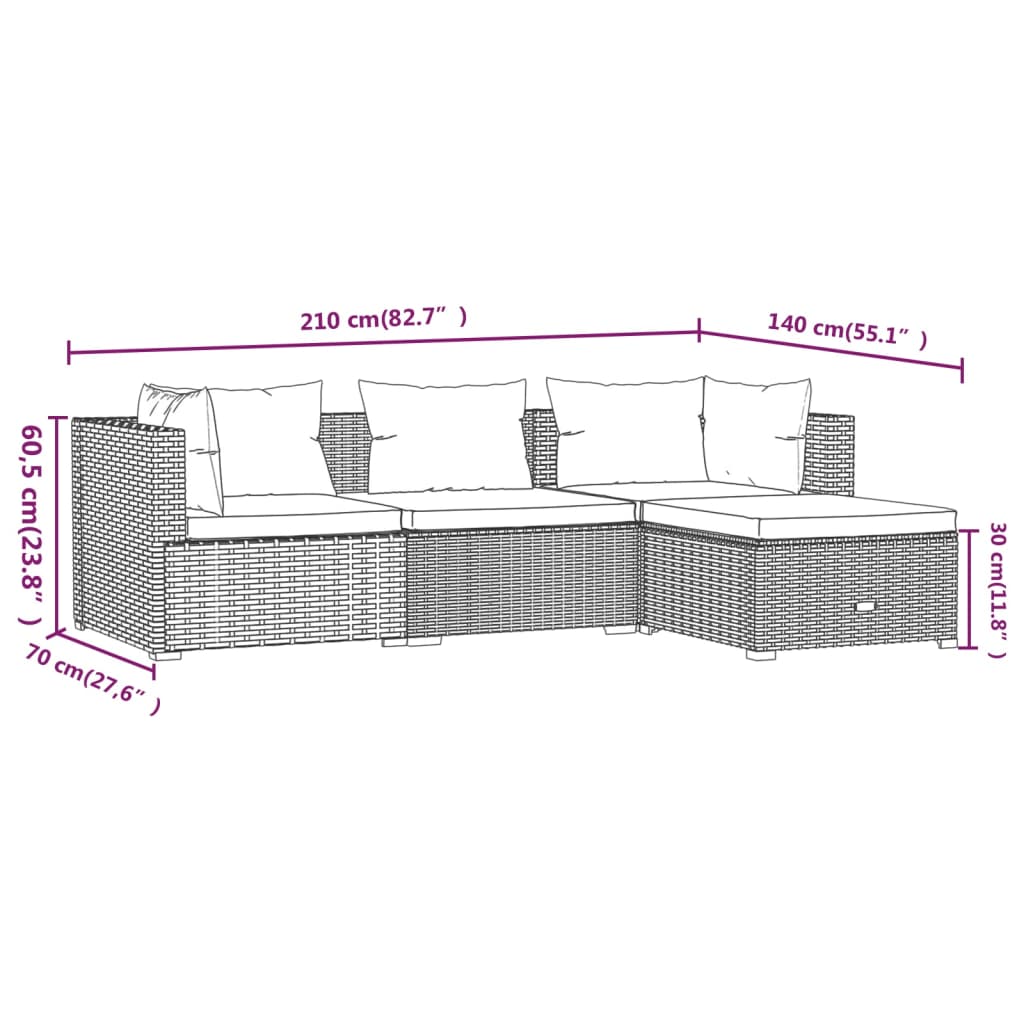 Set Divani Da Giardino 4 Pz Con Cuscini In Polyrattan Nero