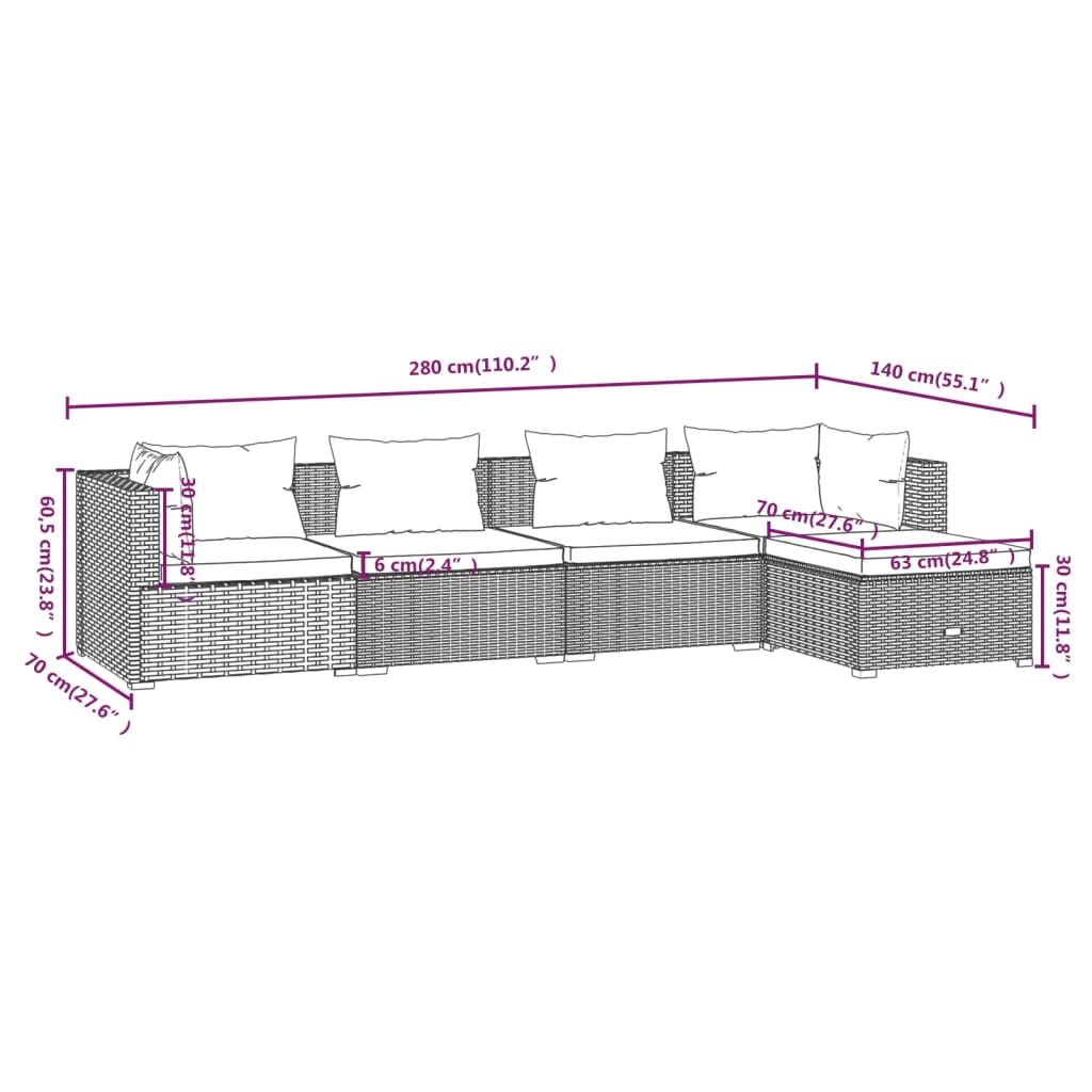 Set Divani Da Giardino 5 Pz Con Cuscini In Polyrattan Marrone