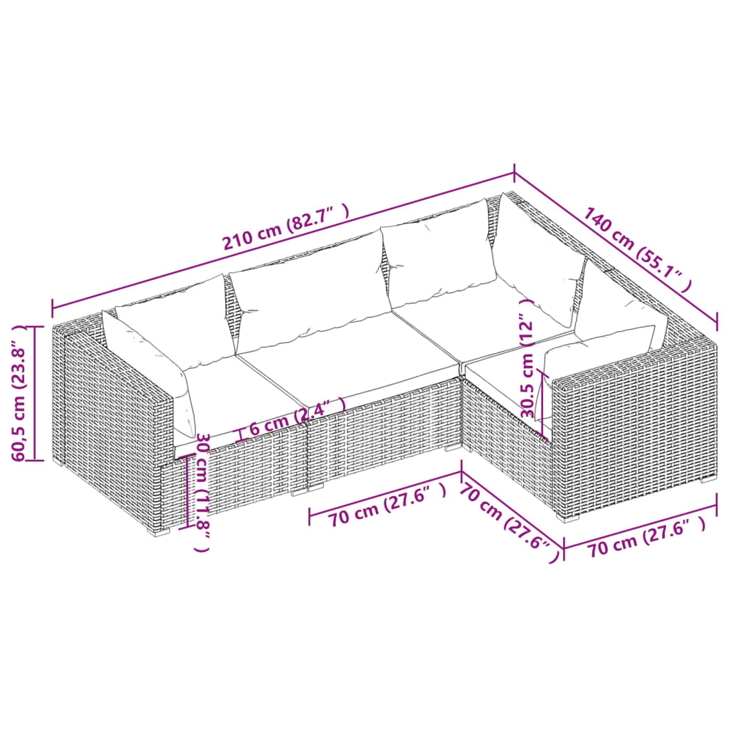 Set Divani Da Giardino 4 Pz Con Cuscini In Polyrattan Nero