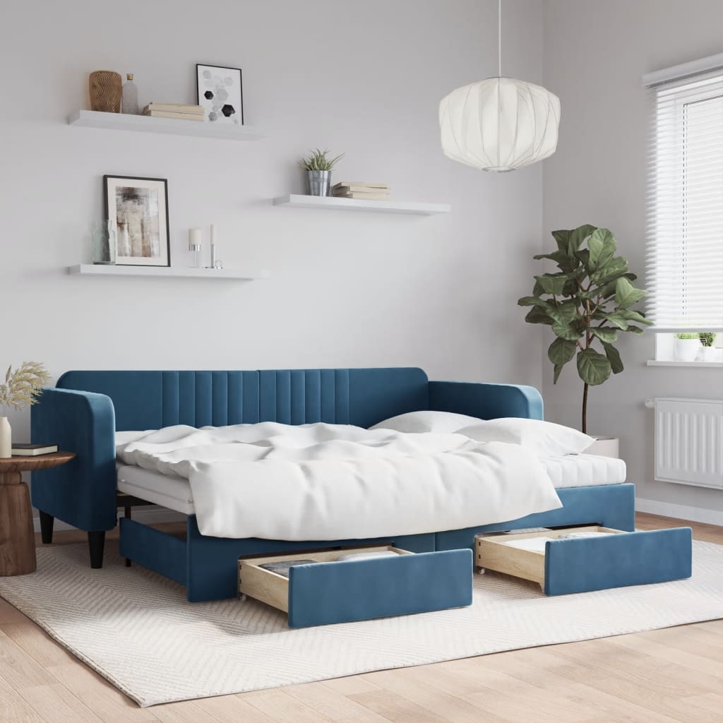 Divano Letto Estraibile Con Cassetti Blu 80x200 Cm In Velluto