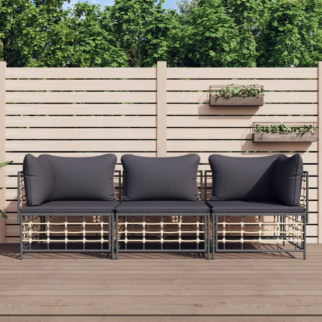 Set Divani Da Giardino 3 Pz Con Cuscini Antracite In Polyrattan