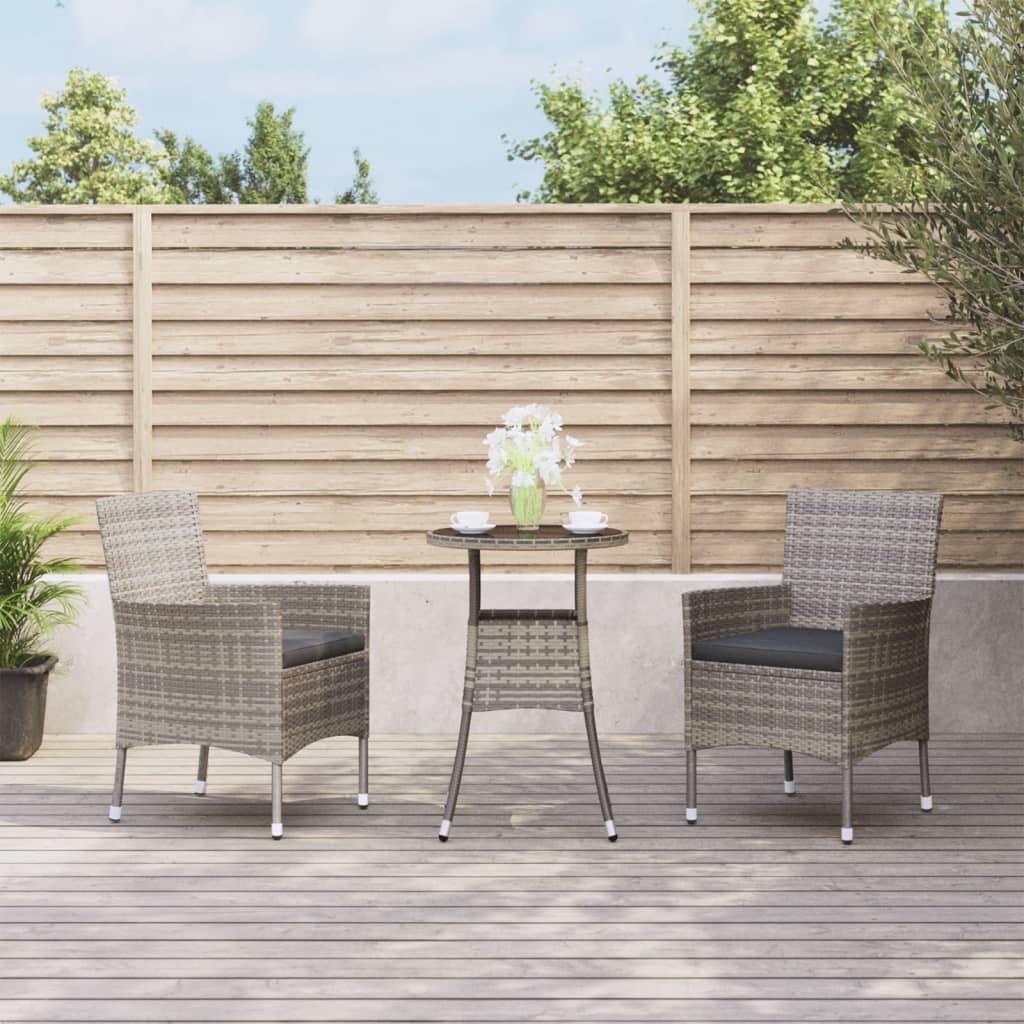 Set Bistrò Da Giardino 3 Pz Con Cuscini In Polyrattan Grigio