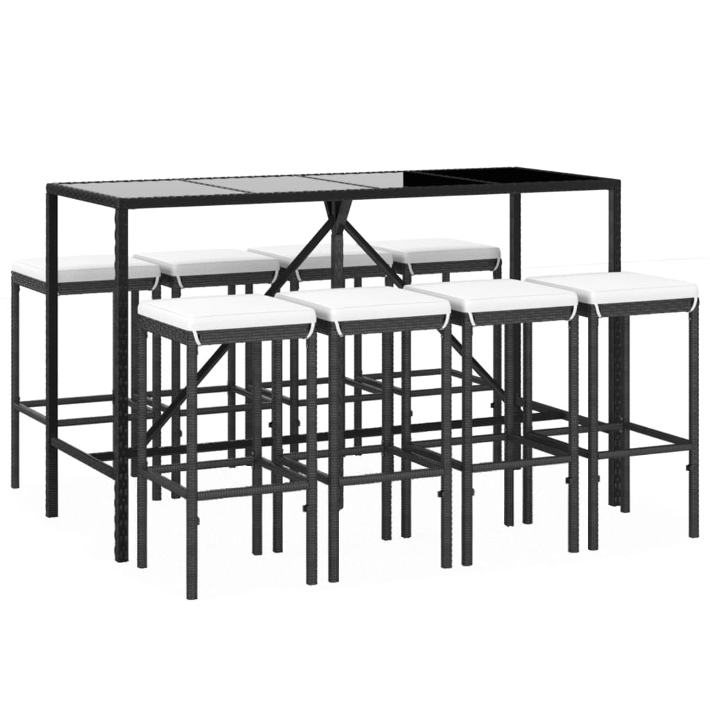 Set Bar Da Giardino 9 Pz Con Cuscini In Polyrattan Nero