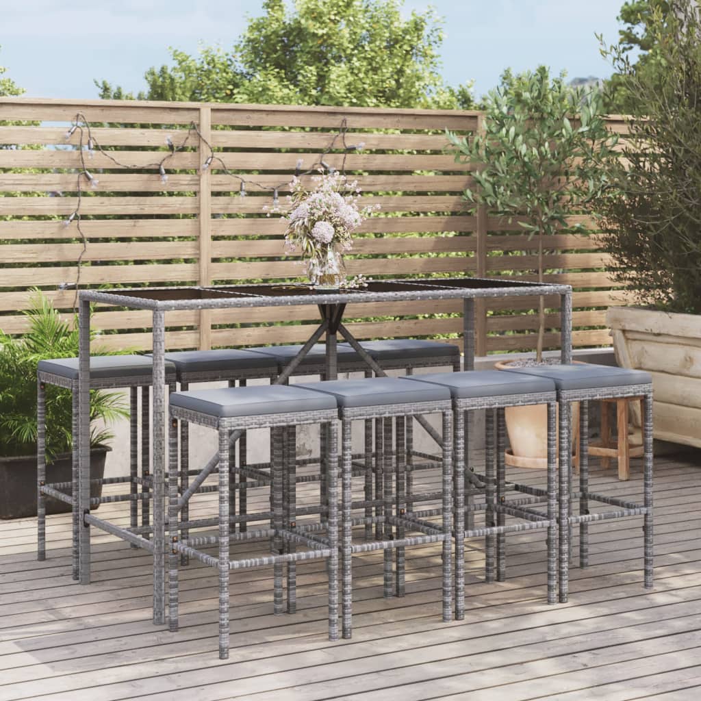 Set Bar Da Giardino 9 Pz Con Cuscini In Polyrattan Grigio