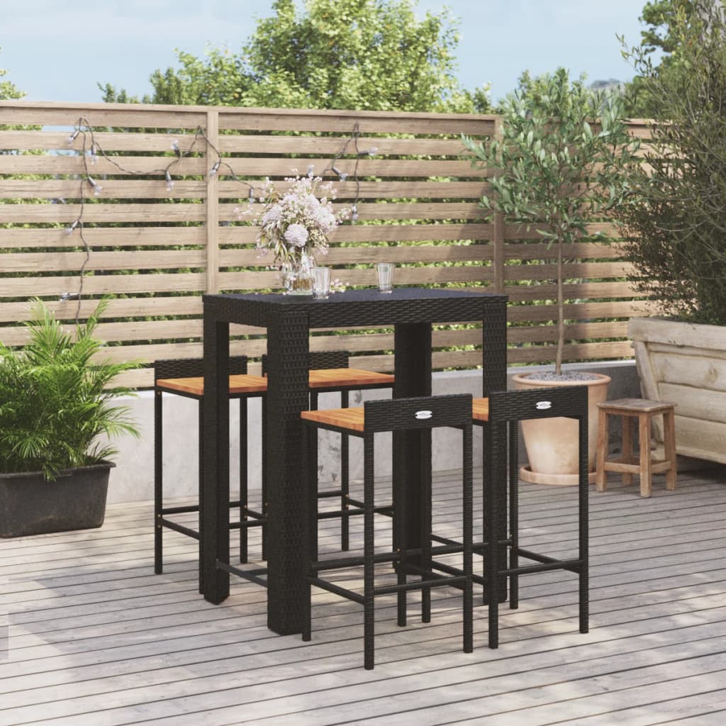 Set Bar Giardino 5 Pz Nero Polyrattan E Legno Massello Acacia