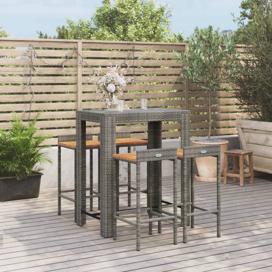 Set Bar Giardino 5pz Grigio Polyrattan E Legno Massello Acacia