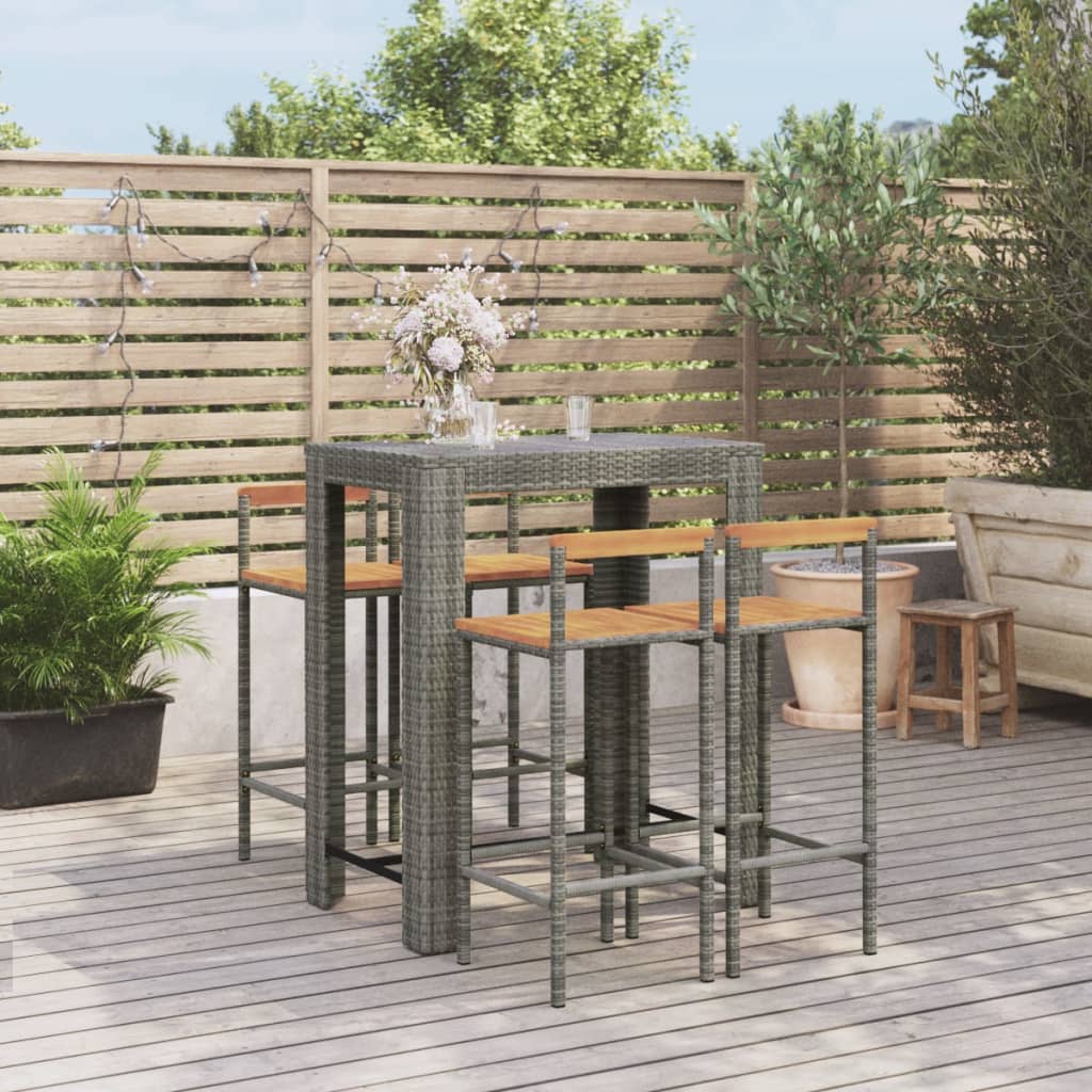 Set Bar Giardino 5pz Grigio Polyrattan E Legno Massello Acacia