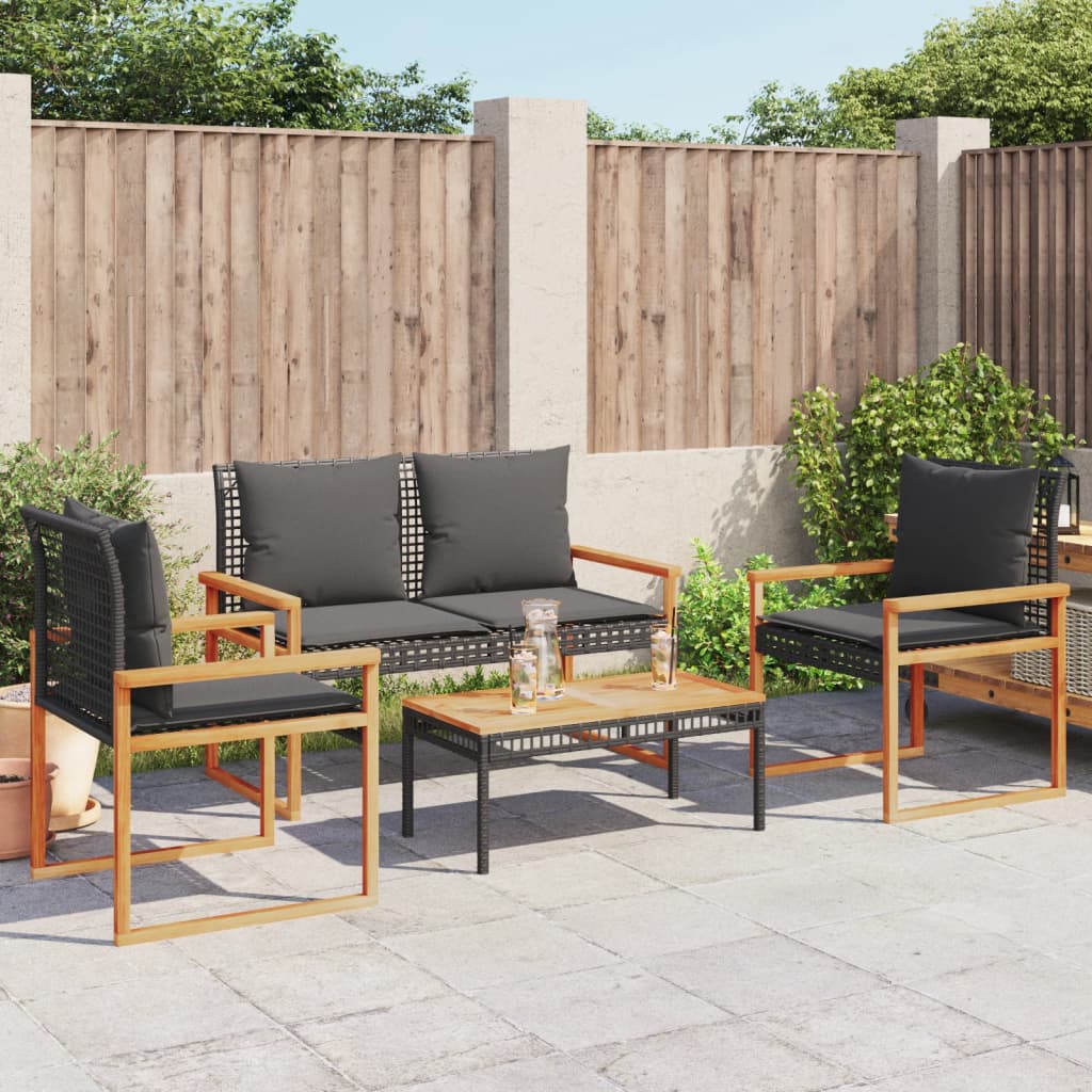 Set Divani Da Giardino 4 Pz Con Cuscini Nero In Polyrattan