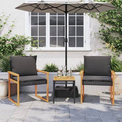 Set Da Bistrò 3 Pz Con Cuscini Nero Polyrattan E Legno Acacia