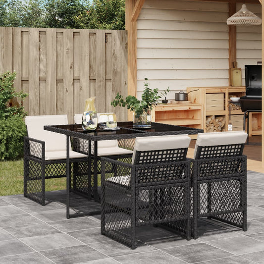 Set Da Pranzo Da Giardino 5 Pz Nero Con Cuscini In Polyrattan