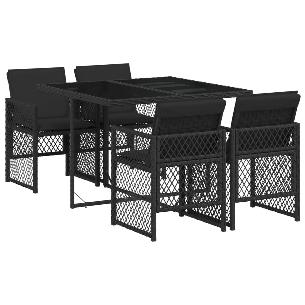 Set Da Pranzo Da Giardino 5 Pz Nero Con Cuscini In Polyrattan