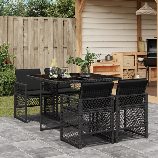 Set Da Pranzo Da Giardino 5 Pz Nero Con Cuscini In Polyrattan