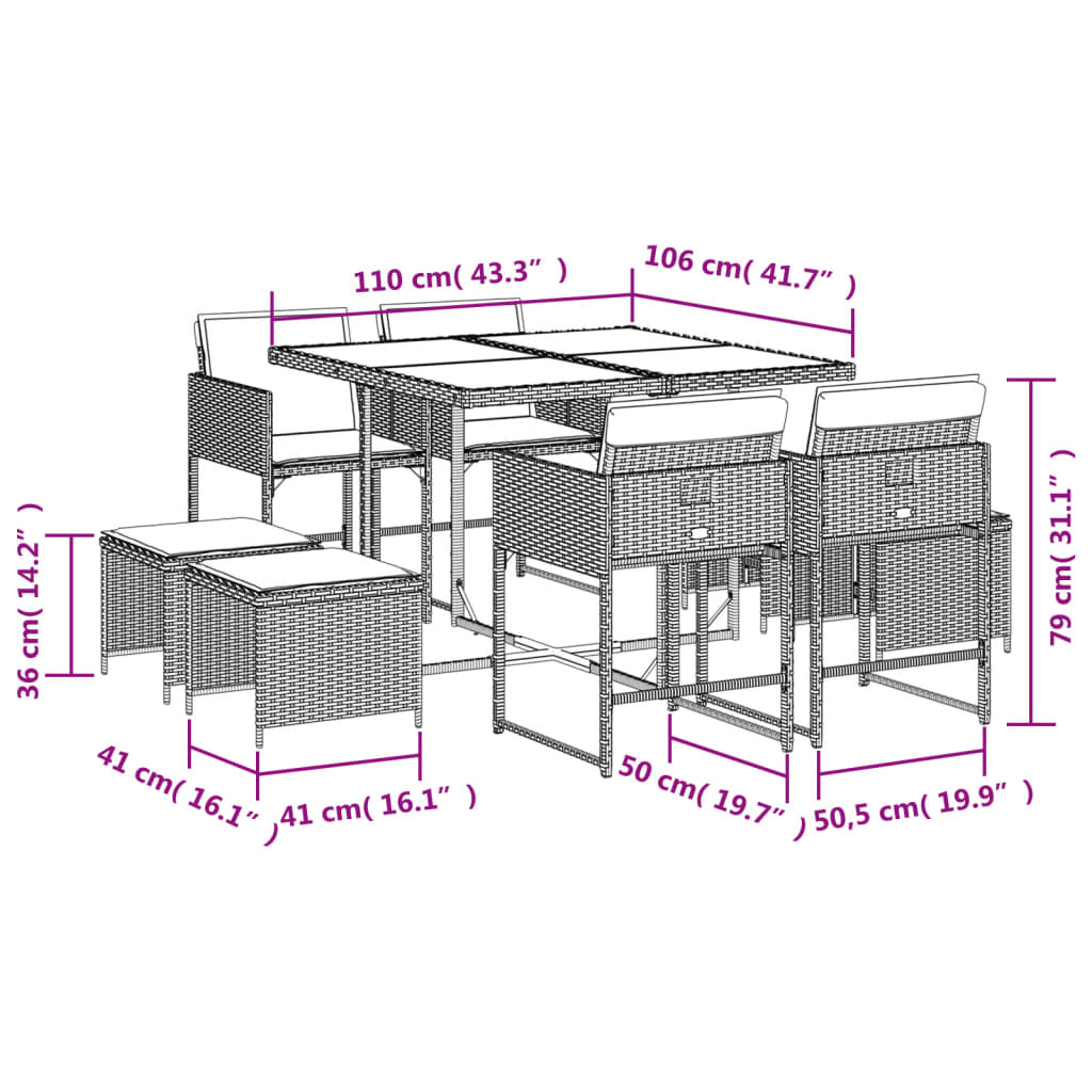 Set Da Pranzo Da Giardino 9 Pz Con Cuscini Nero In Polyrattan