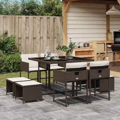 Set Da Pranzo Da Giardino 9pz Con Cuscini Marrone In Polyrattan