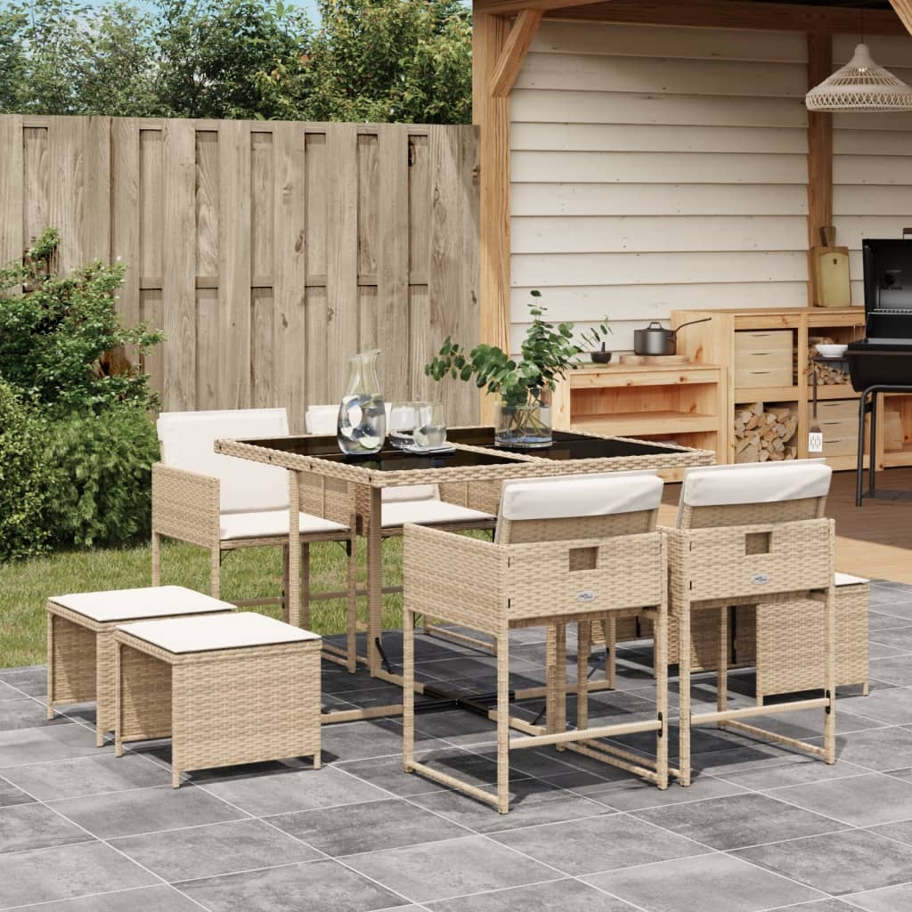 Set Da Pranzo Da Giardino 9 Pz Con Cuscini Beige In Polyrattan