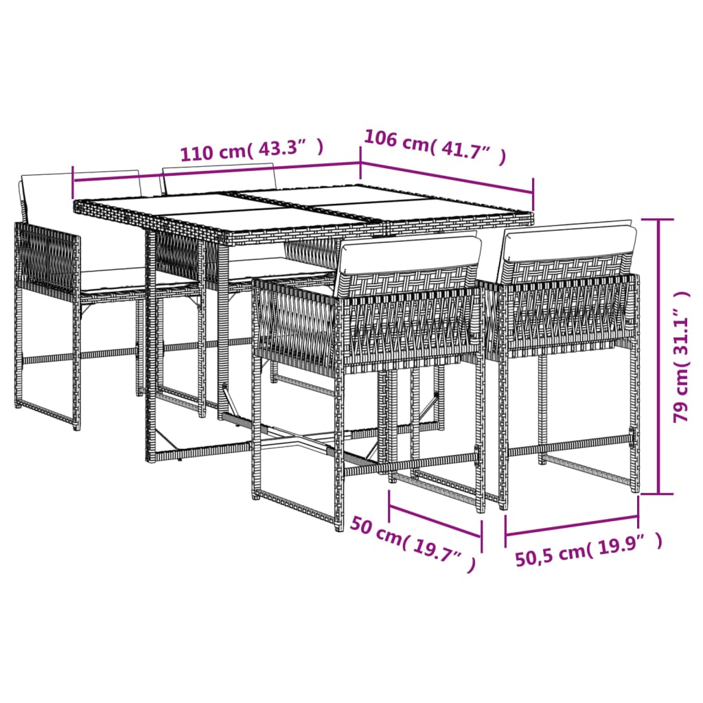 Set Da Pranzo Da Giardino 5 Pz Nero Con Cuscini In Polyrattan