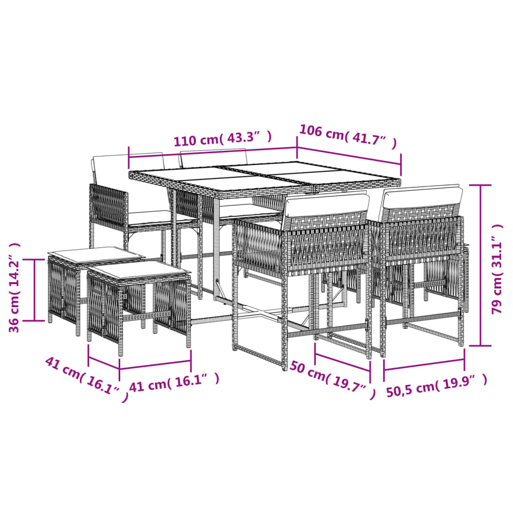 Set Da Pranzo Da Giardino 9 Pz Con Cuscini In Polyrattan Grigio