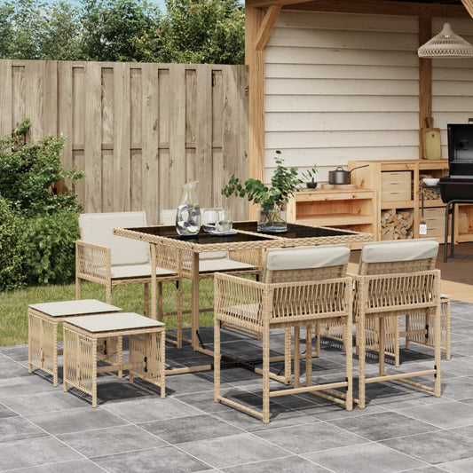 Set Da Pranzo Da Giardino 9 Pz Con Cuscini Beige In Polyrattan