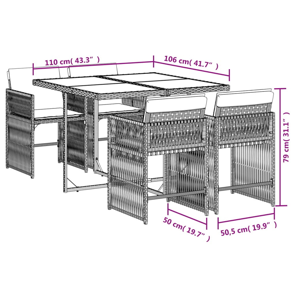 Set Da Pranzo Da Giardino 5 Pz Nero Con Cuscini In Polyrattan