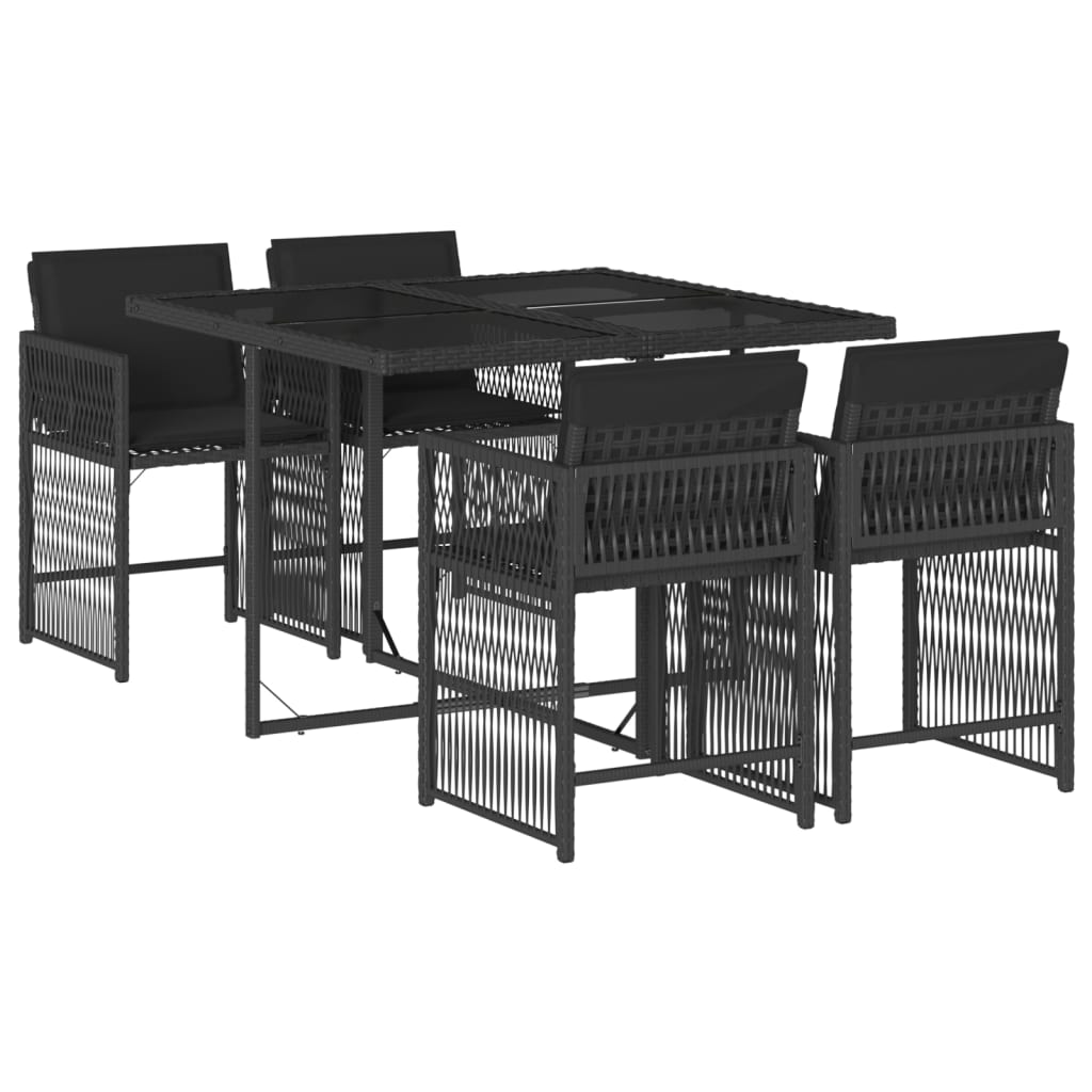 Set Da Pranzo Da Giardino 5 Pz Nero Con Cuscini In Polyrattan