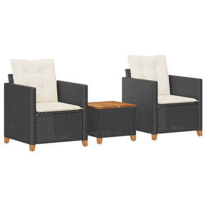 Set Da Bistrò 3 Pz Con Cuscini Nero Polyrattan E Legno Acacia